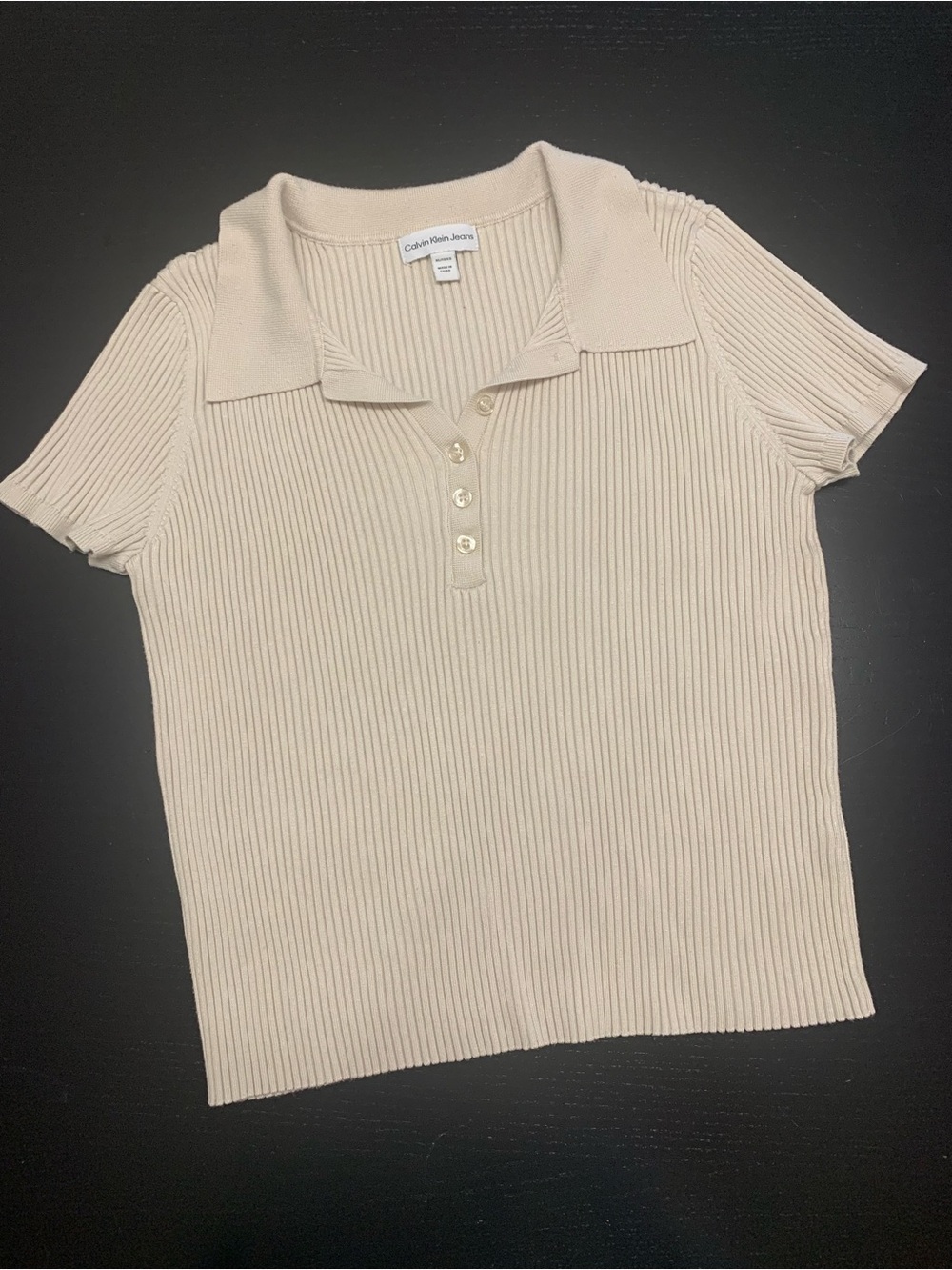 Calvin Klein XL Short-Sleeve Ribbed Mid-Crop Polo in Beige